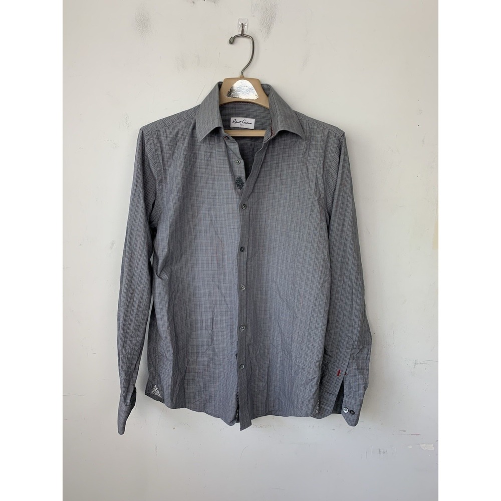 Robert Graham Mens Shirt 41 Gray Plaid Flip Cuff Minimal Button Down